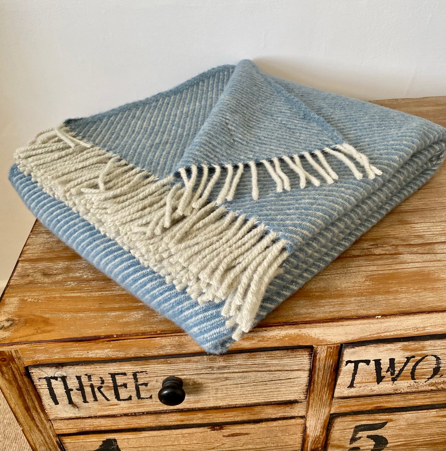Large Blue Herringbone 100% Wool Throw Blanket