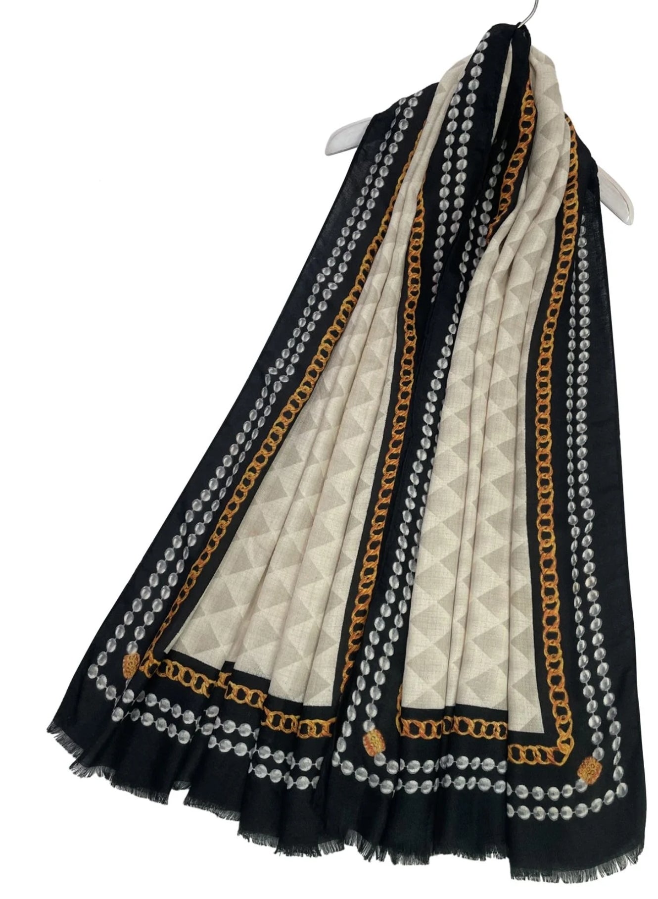 Geo Print Embossed Frayed Scarf With Chain Border