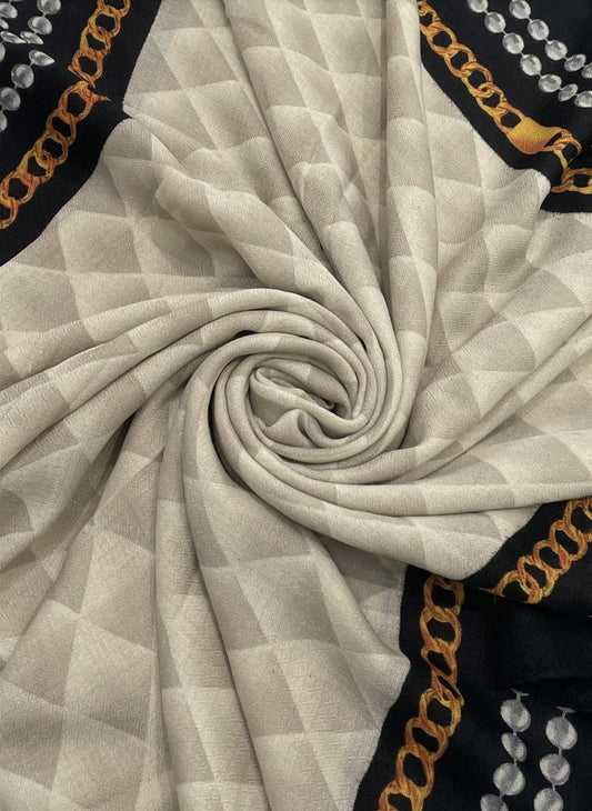 Geo Print Embossed Frayed Scarf With Chain Border