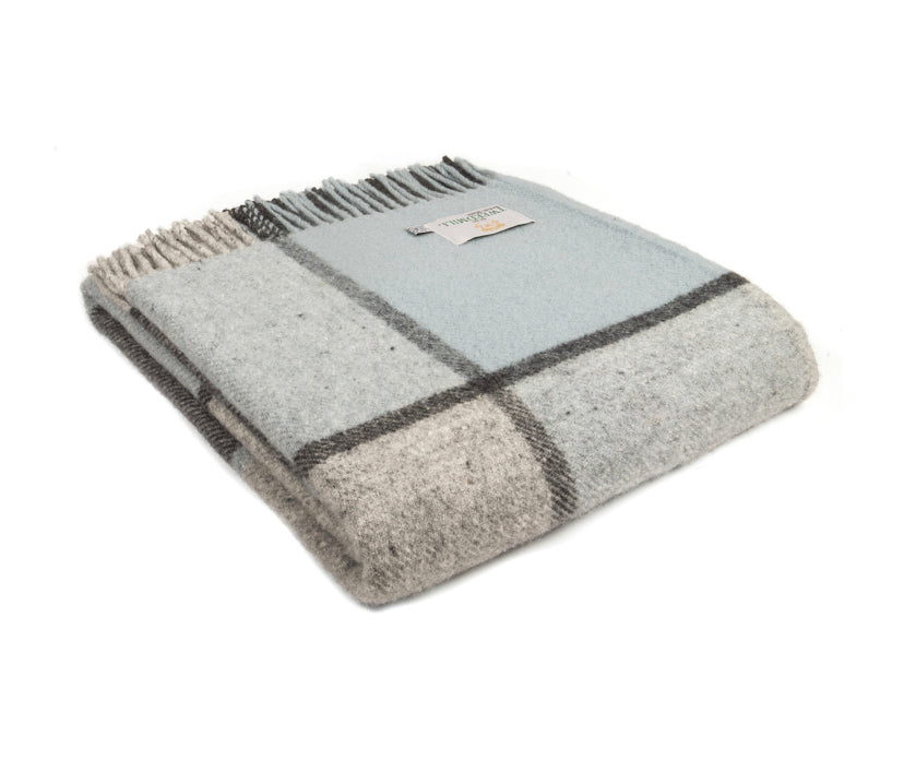 Block Checked Pure Wool Throw Blanket - Blue and Grey