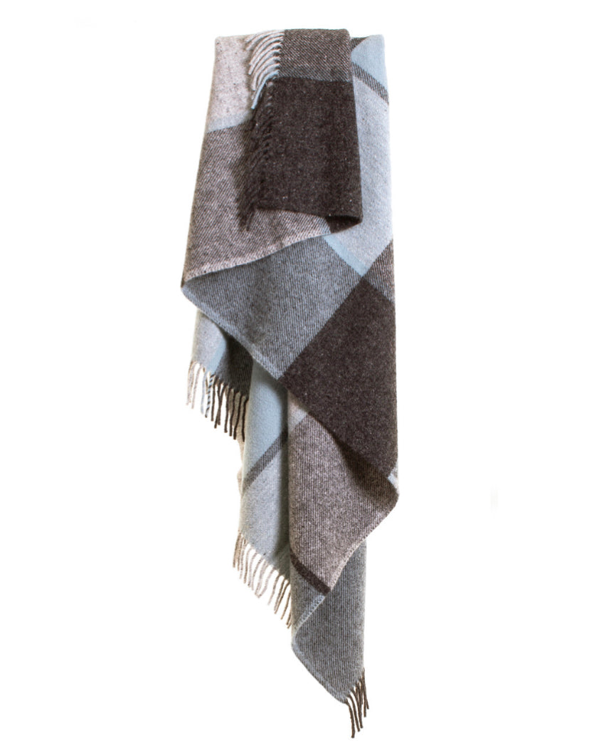 Block Checked Pure Wool Throw Blanket - Blue and Grey