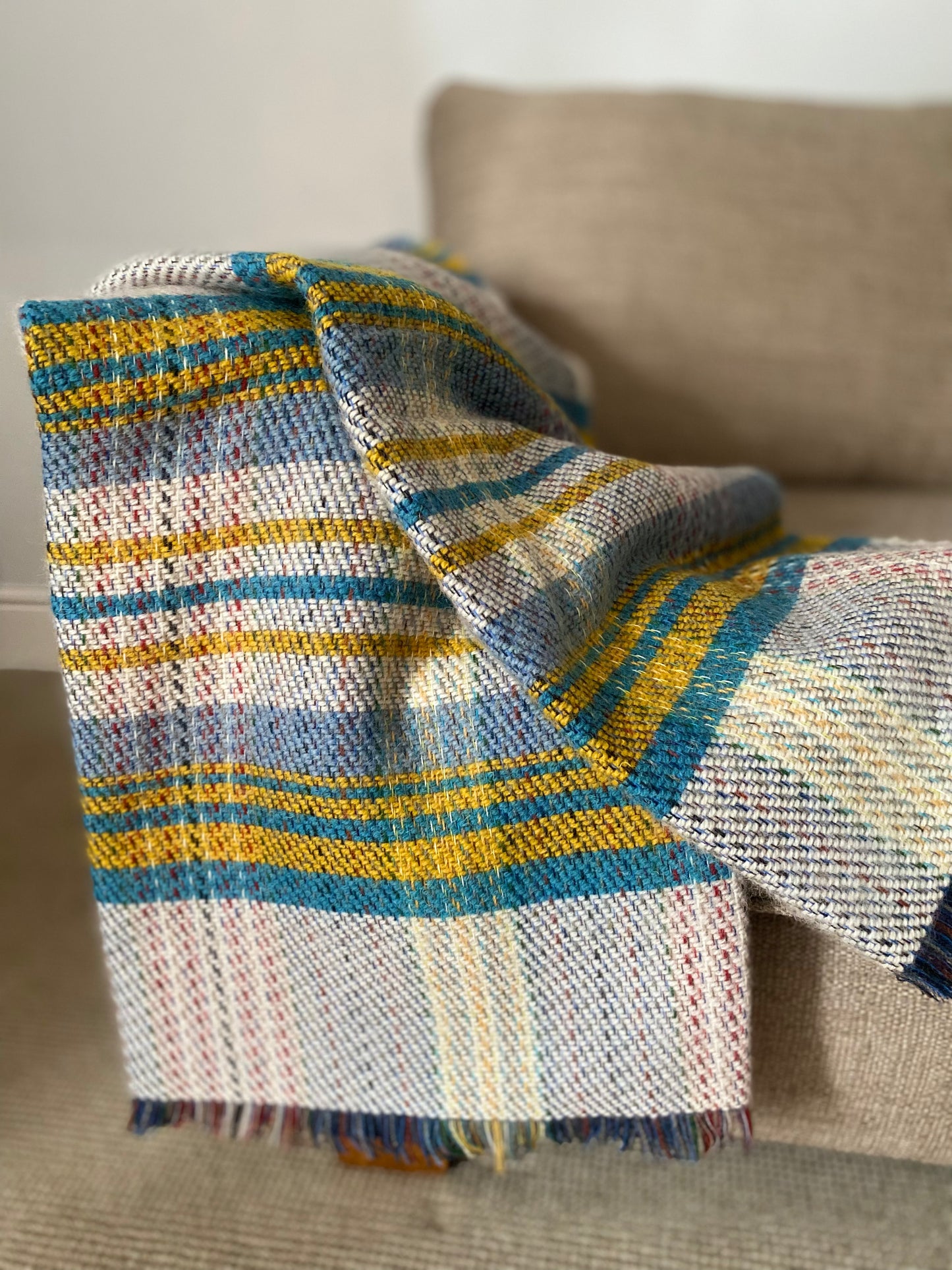 Recycled Wool Blue and Yellow check plaid Throw blanket