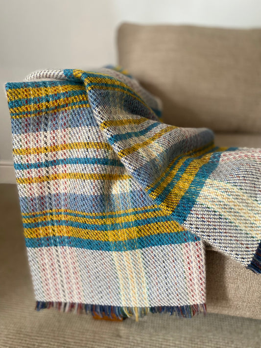 Recycled Wool Blue and Yellow check plaid Throw blanket