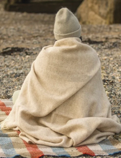 Oatmeal Large Beehive Pure Wool Throw Blanket with contracting fringing