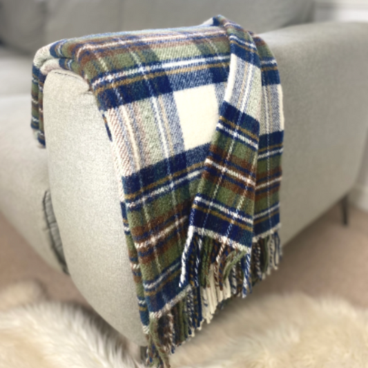 Large  Wool Blue Dress Stewart Tartan Fringed Throw Blanket