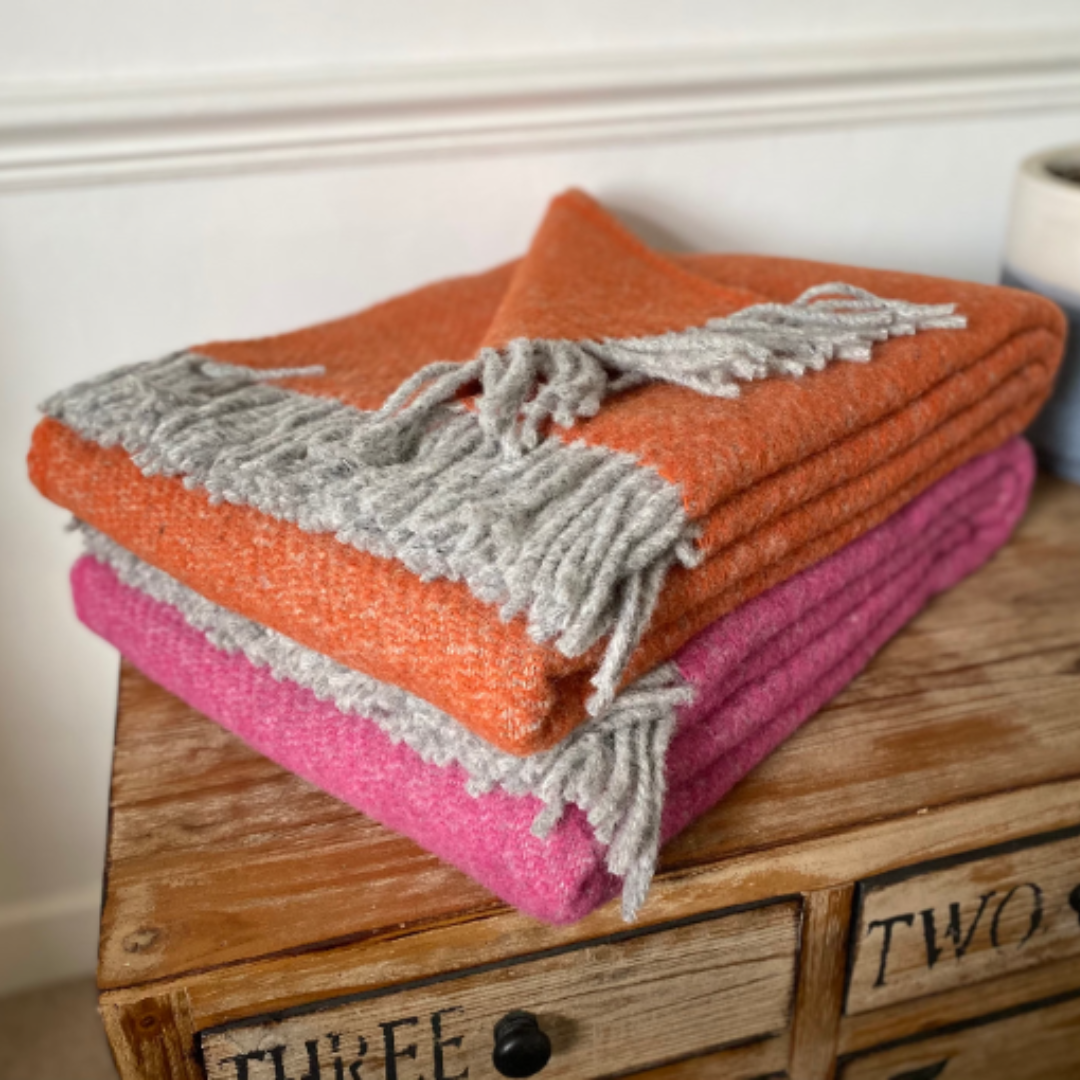 Large Pure Wool Fleck Throw Blanket Orange and Grey Pink and Grey