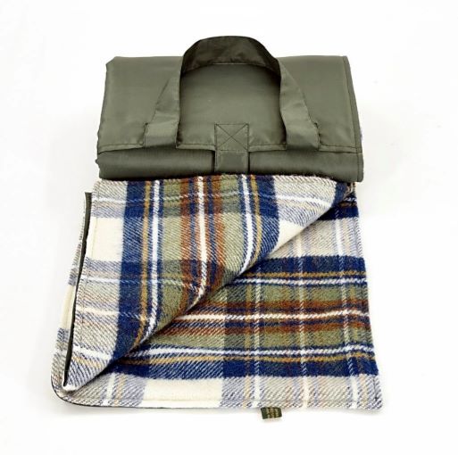 Large Blue Wool Waterproof Fleece Picnic Blanket with carrying handles