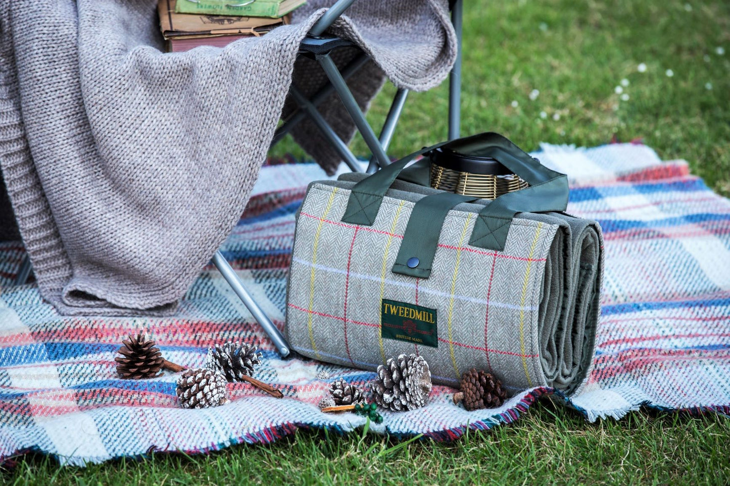 Large Blue Wool Waterproof Fleece Picnic Blanket with carrying handles