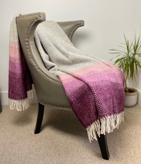 Large Pure Wool Ombré Throw Blanket - Dusky Pink -  Blue Grey