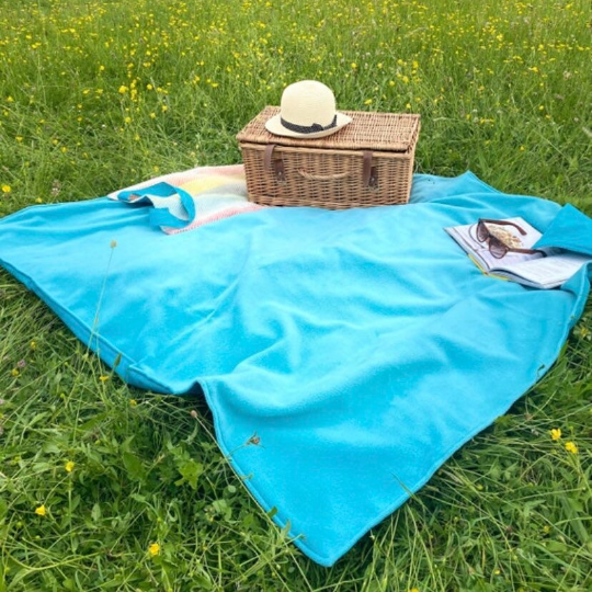 Large Blue Wool Waterproof Fleece Picnic Blanket with carrying handles