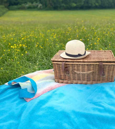 Large Blue Wool Waterproof Fleece Picnic Blanket with carrying handles