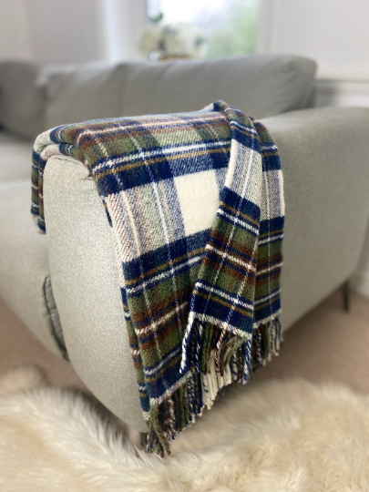 Large Wool Blue Dress Stewart Tartan Fringed Throw Blanket