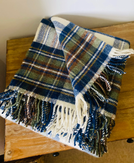 Large Wool Blue Dress Stewart Tartan Fringed Throw Blanket