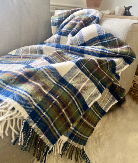 Large Wool Blue Dress Stewart Tartan Fringed Throw Blanket