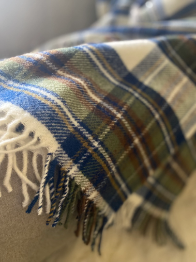 Large Wool Blue Dress Stewart Tartan Fringed Throw Blanket