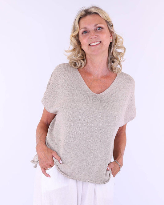 Cotton Blend Cap Sleeve Taupe V Top