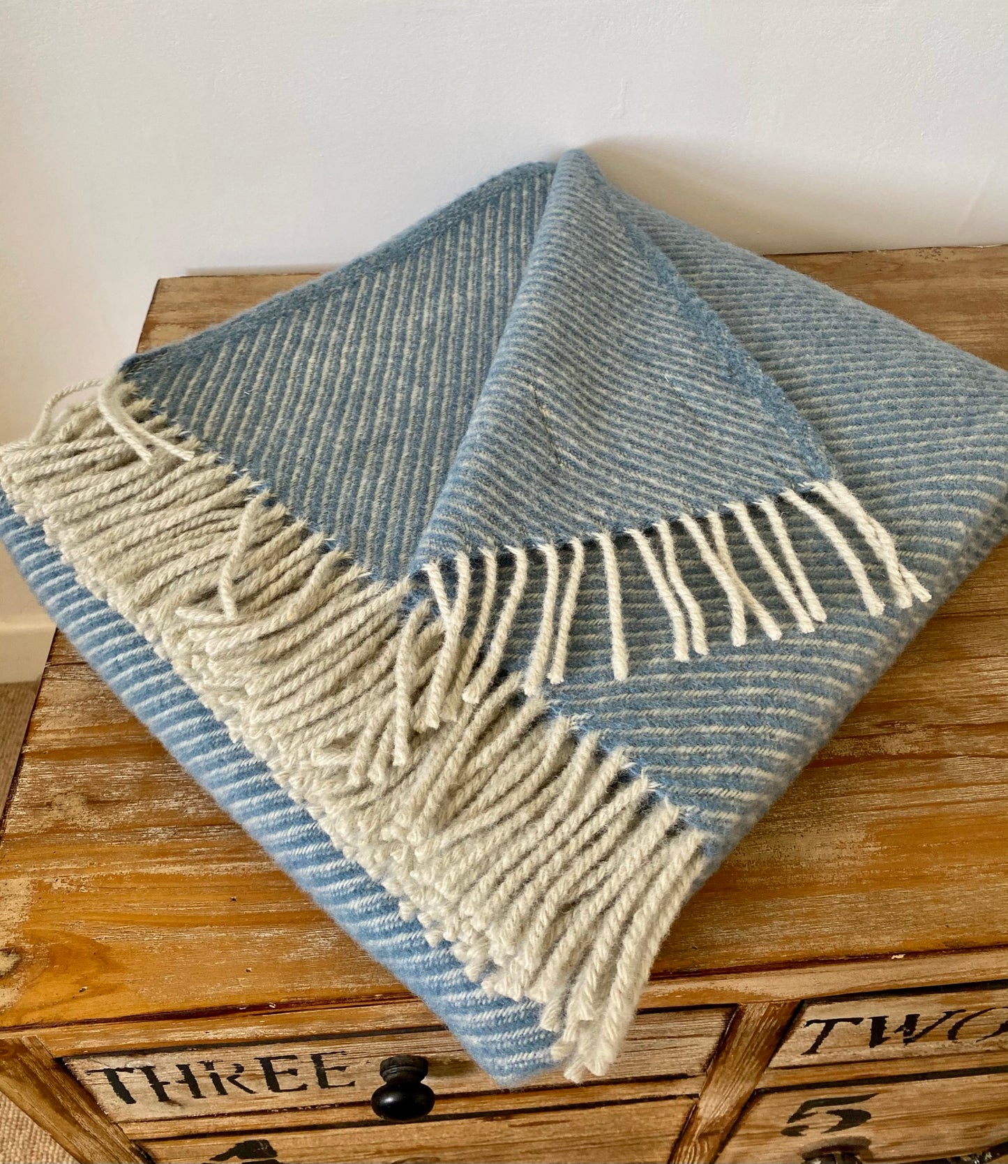Large Blue Herringbone 100% Wool Throw Blanket