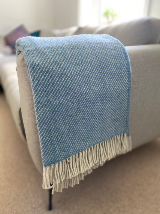 Large Blue Herringbone 100% Wool Throw Blanket