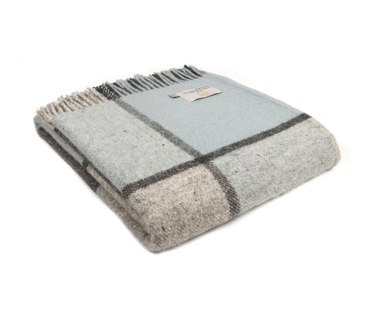 Block Checked Wool Throw Blanket -  Blue and Grey