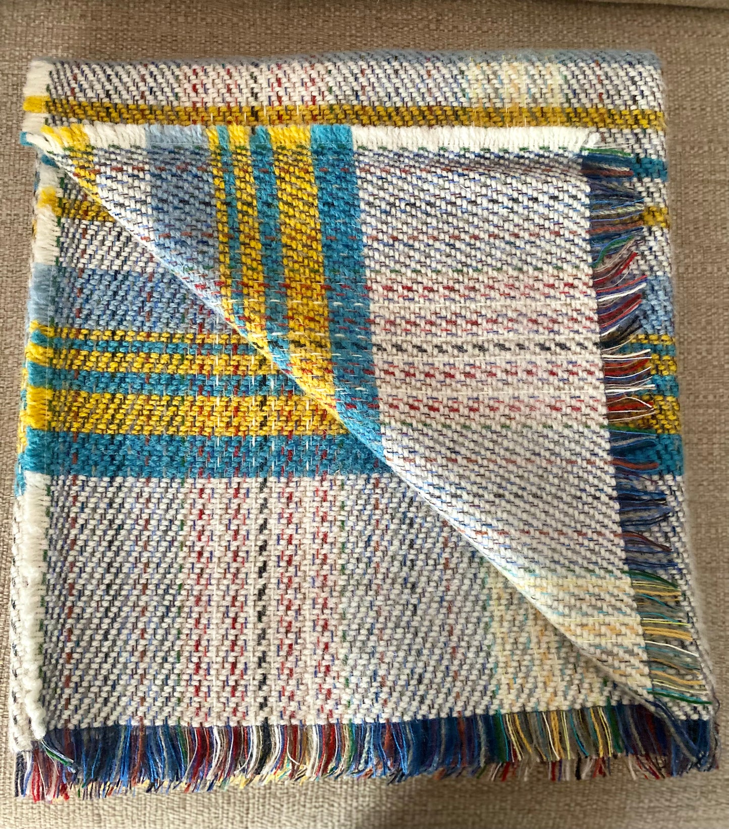 Recycled Wool Blue and Yellow check plaid Throw blanket