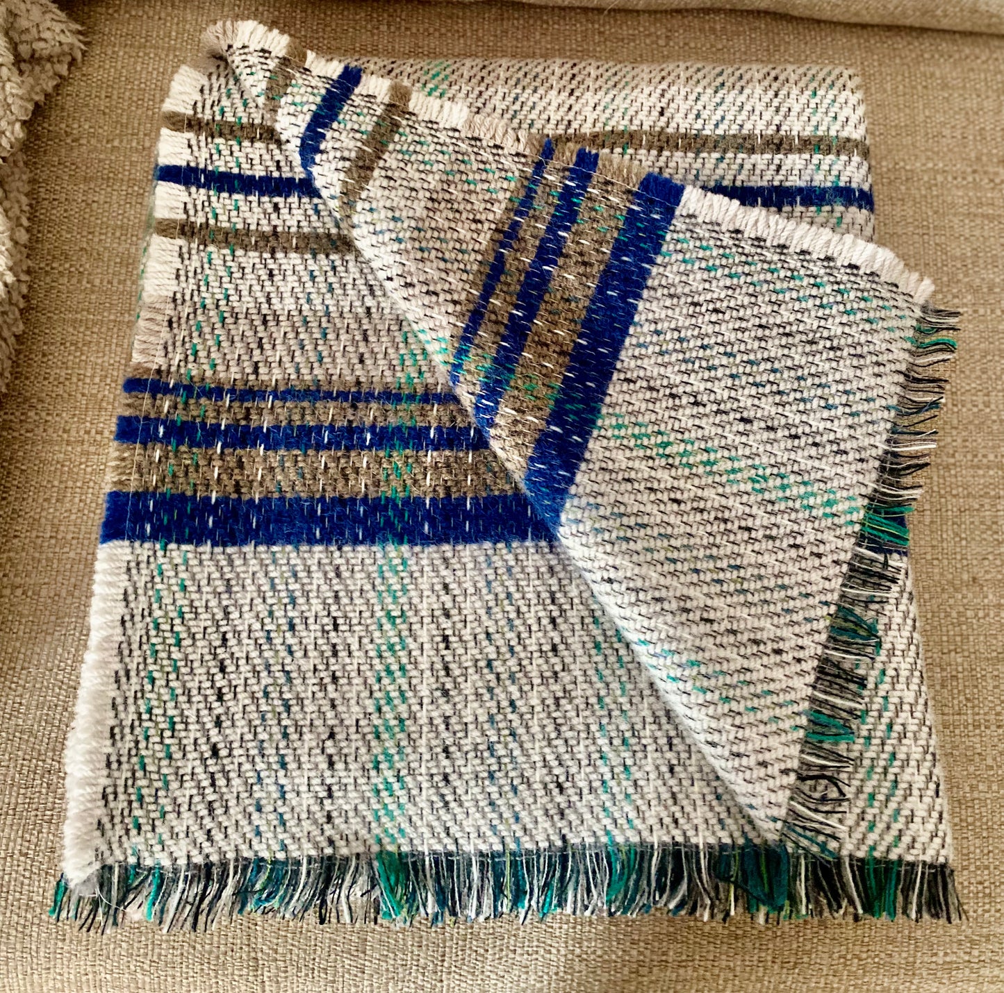Recycled Wool Blue and Yellow check plaid Throw blanket
