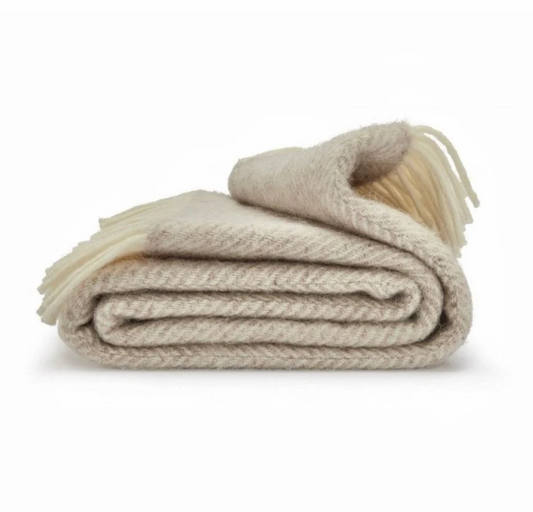 Beige Herringbone Pure Wool Throw Blanket