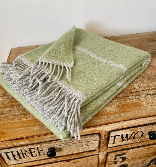 Pure Wool Throw Blanket - Fern Green and Grey Stripe