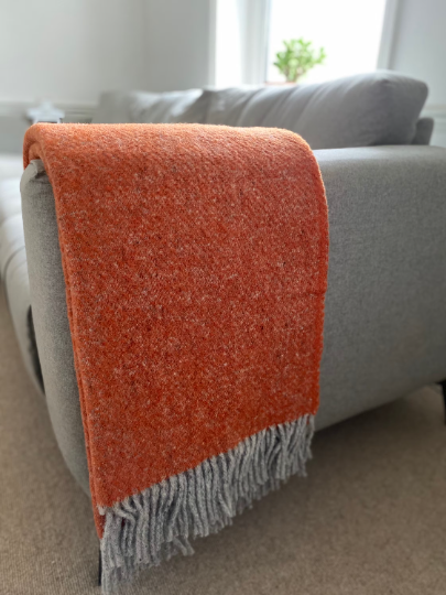 Large Pure Wool Fleck Throw Blanket Orange and Grey Pink and Grey Trudie Oliver