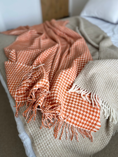 Pure Wool Burnt Orange Hound tooth Throw Blanket